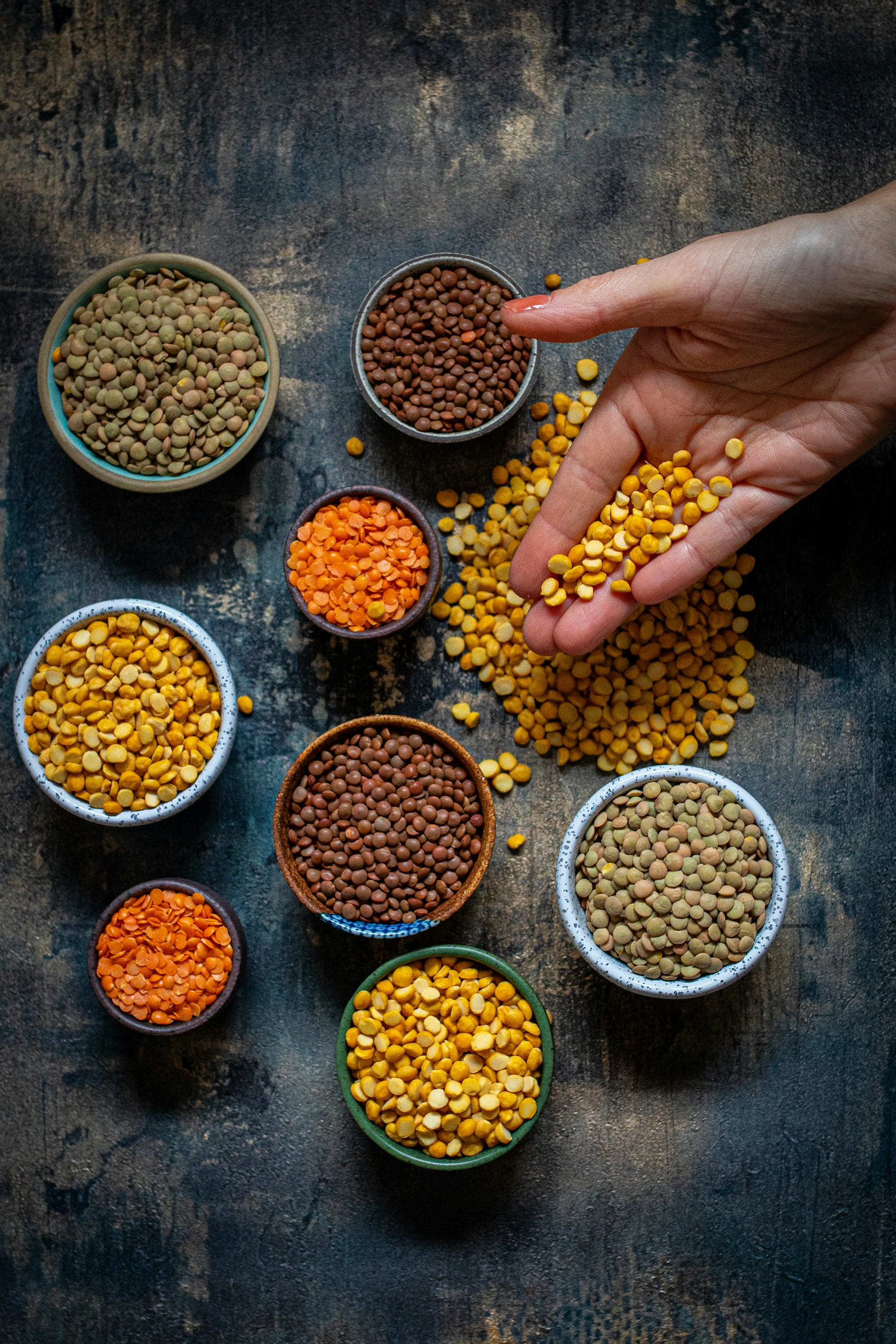 Taças com lentilhas e outras leguminosas secas de várias cores, junto a uma mão com leguminosas amarelas.